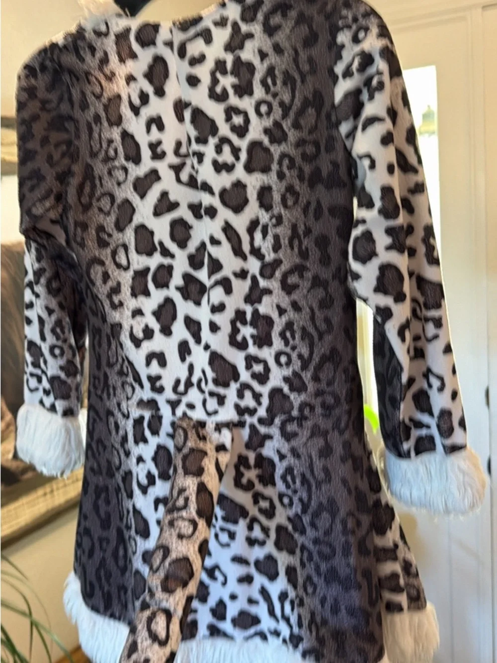 Girls' Black and White Leopard Print Dress with Faux Fur Trim